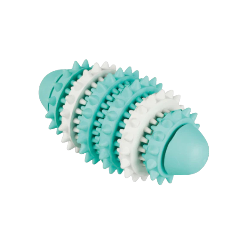 Grönvit tuggleksak till hundar med piggar på sig