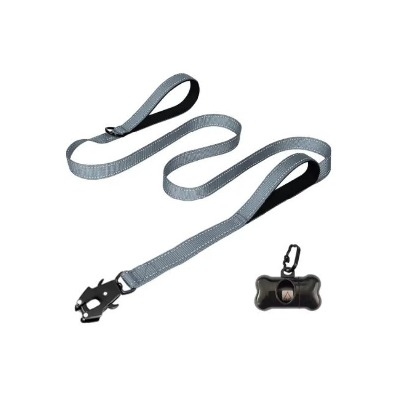 Grått hundkoppel med extra handtag och en hållare för avfallspåsar