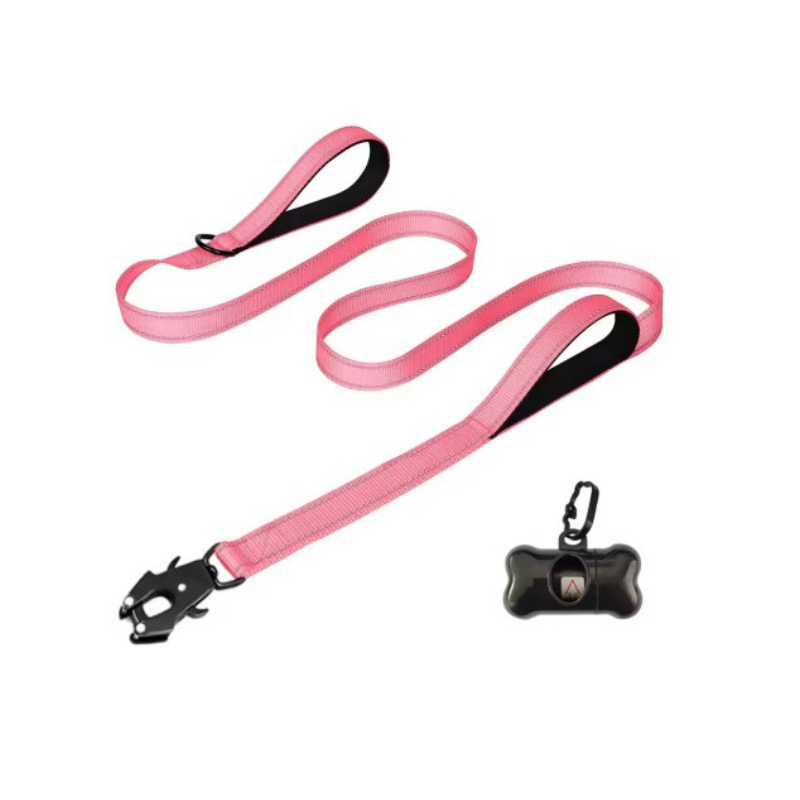 Rosa hundkoppel med extra handtag och en hållare för avfallspåsar
