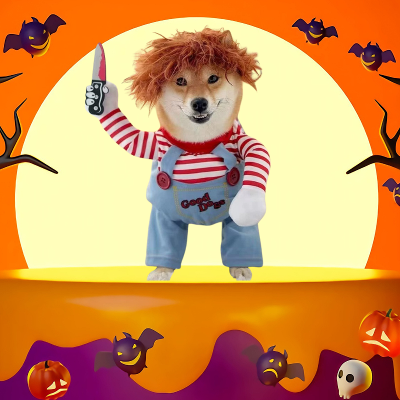 Halloween bild med en hund som har en halloweenkostym på sig