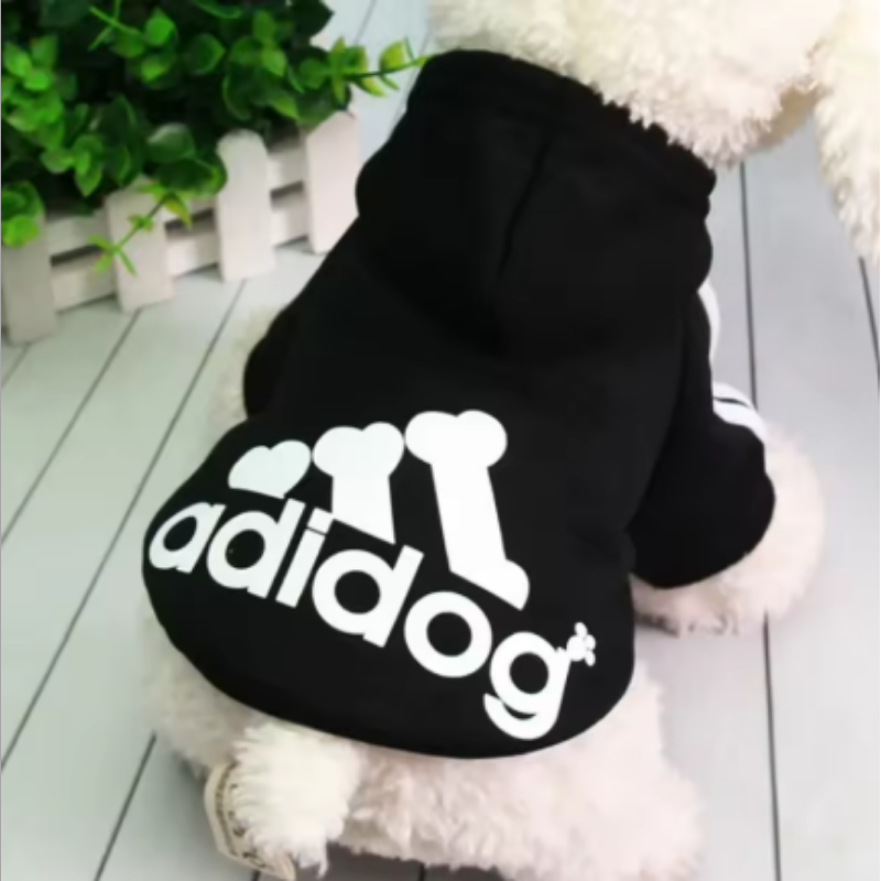 Hund med en svart hoodie som det står Adidog på
