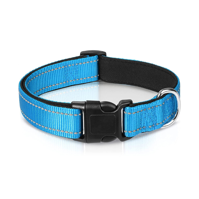 Blått hundhalsband med mjuk insida och reflekterande sömmar 
