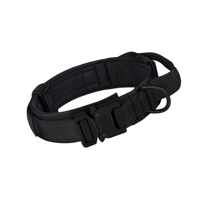 Svart hundhalsband med svarta metallknäppen och koppeögla