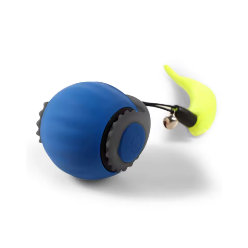 Blå interaktiv boll till katter med en gul fluffig svans