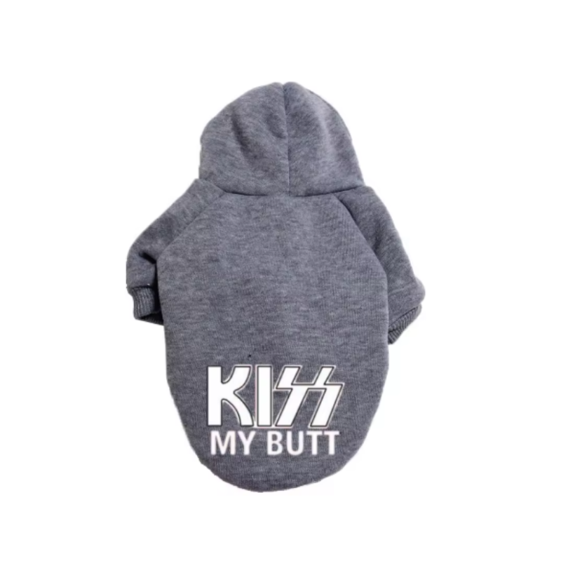 Grå hundhoodie med texten kiss my butt