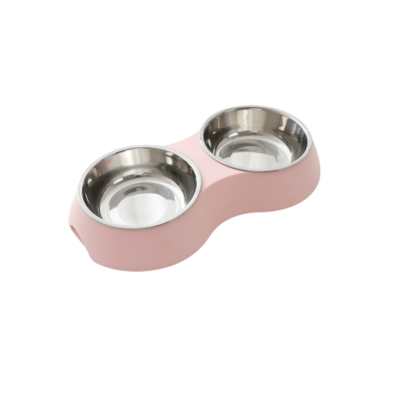 Rosa matskålar med rostfria skålar