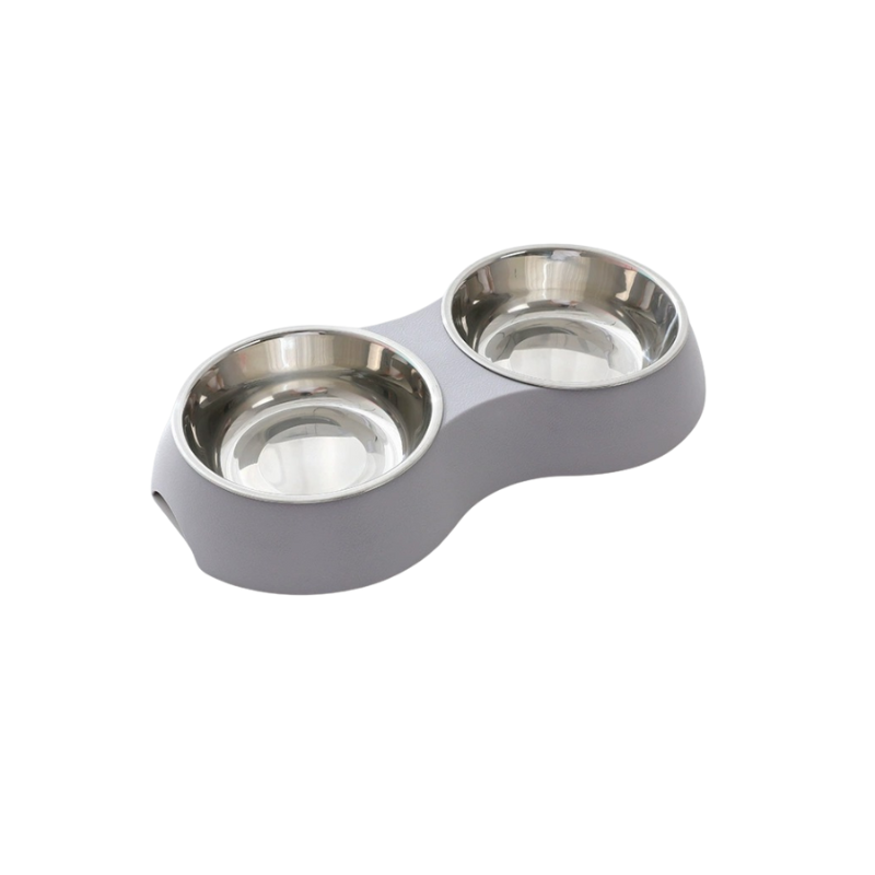 Grå matskål med rostfria matskålar