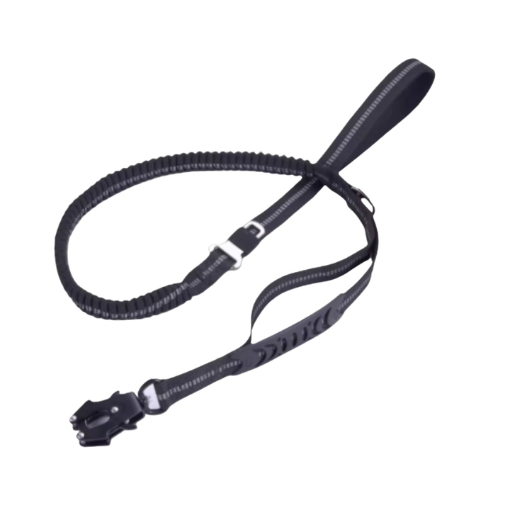 Svart koppel med fjädrande funktion och svart karbin och bältessäkring och extra handtag 