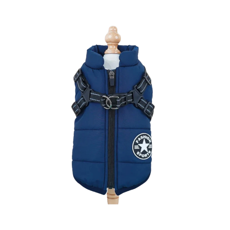 Marinblå vinterjacka till hund med inbyggd sele