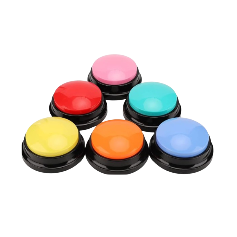 Sex talknappar i olika färger rosa, röd, mintgrön, ljusblå, orange och gul