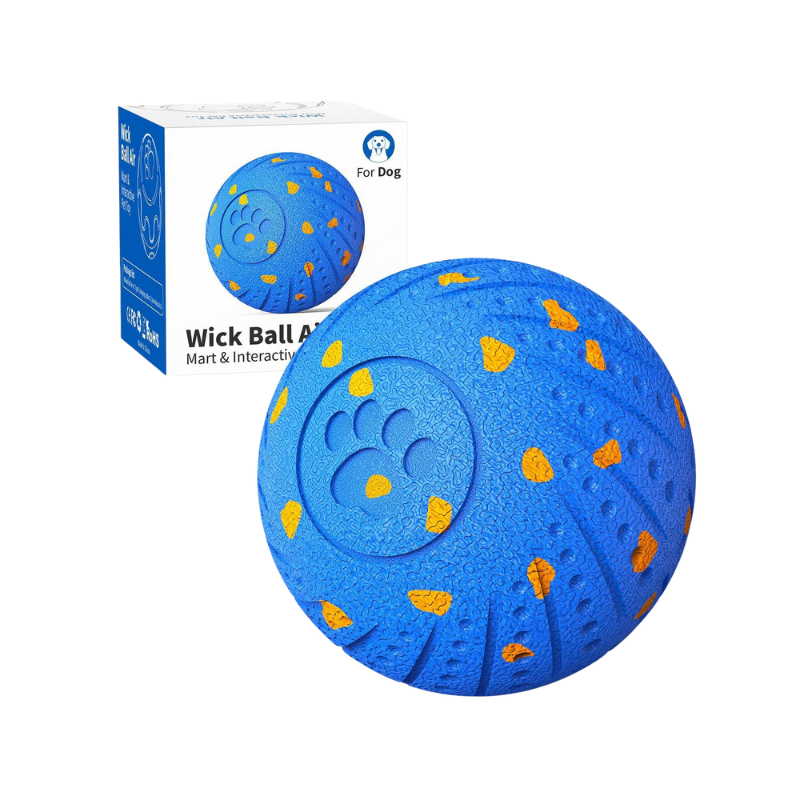 Blå boll med orangea prickar interaktiv leksak för hundar